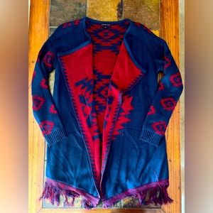 Signature Studio Tunic Duster Cardigan Sweater Large Blue Red Aztec Open Front